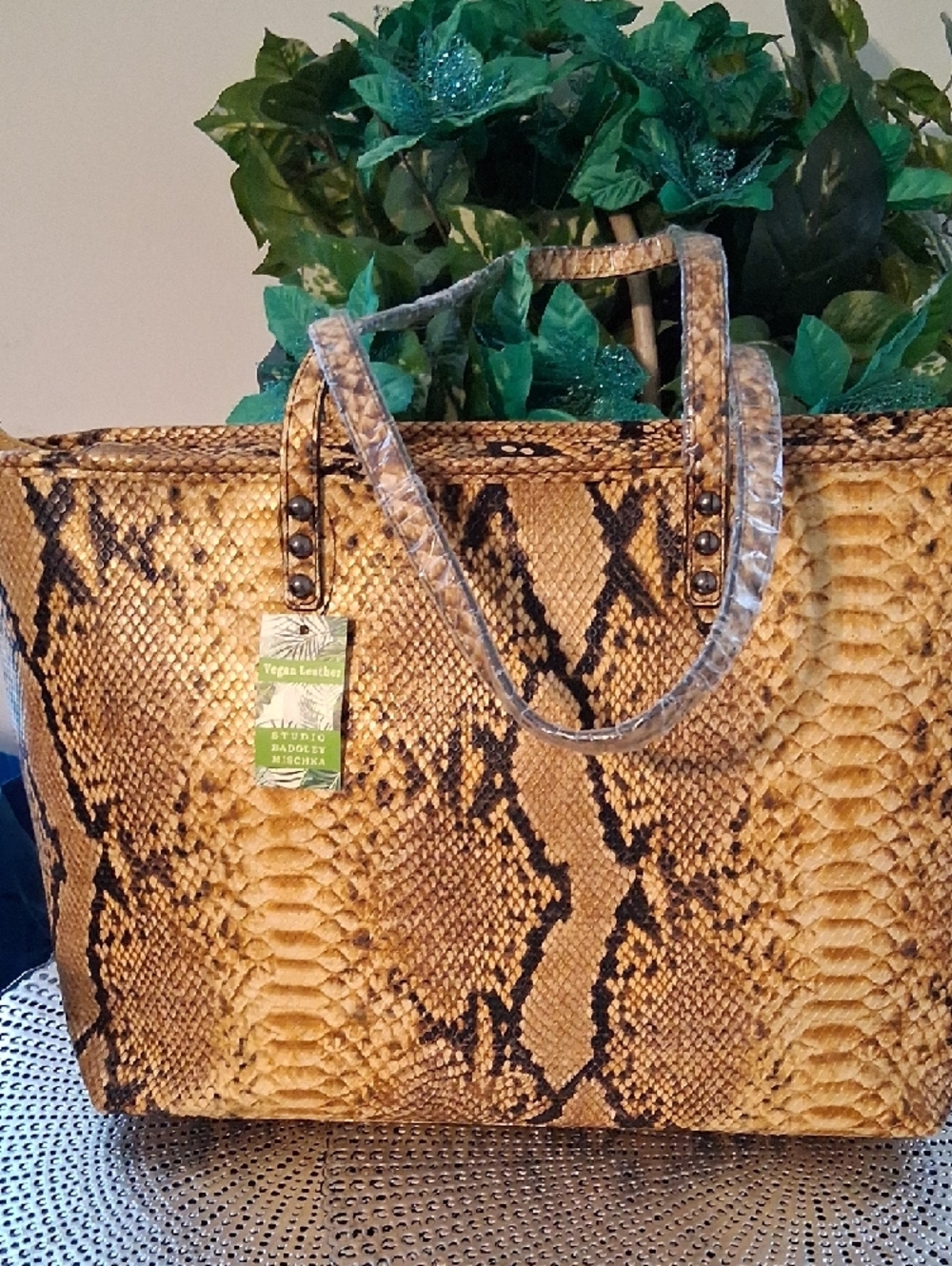 Badgley Mischka Yellow Snake-Embossed Tote with Multicolor Stripe Charm - Picture 2 of 2